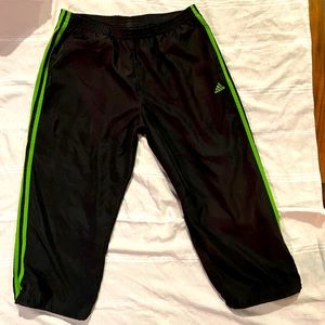 ADIDAS grey & green stripe track pants. Cropped w/ string ties at ankle